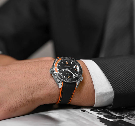 Ocean 600M Style Co-Axial Master Chronometer Watch – Black Dial, Orange Ceramic Bezel, Black & Orange Strap, Luxury Diver Men’s Watch