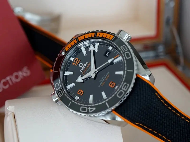 Ocean 600M Style Co-Axial Master Chronometer Watch – Black Dial, Orange Ceramic Bezel, Black & Orange Strap, Luxury Diver Men’s Watch