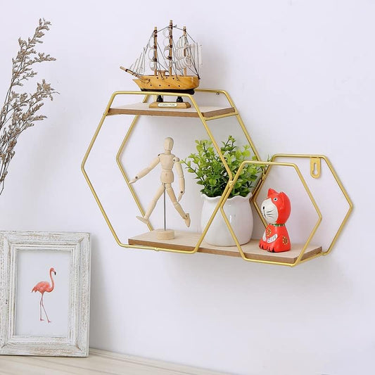Gold Hexagon Wall Shelf – Nordic Korean Style Wall Hanging Rack, Decorative Wall Mounted Shelf for Modern Home Decor