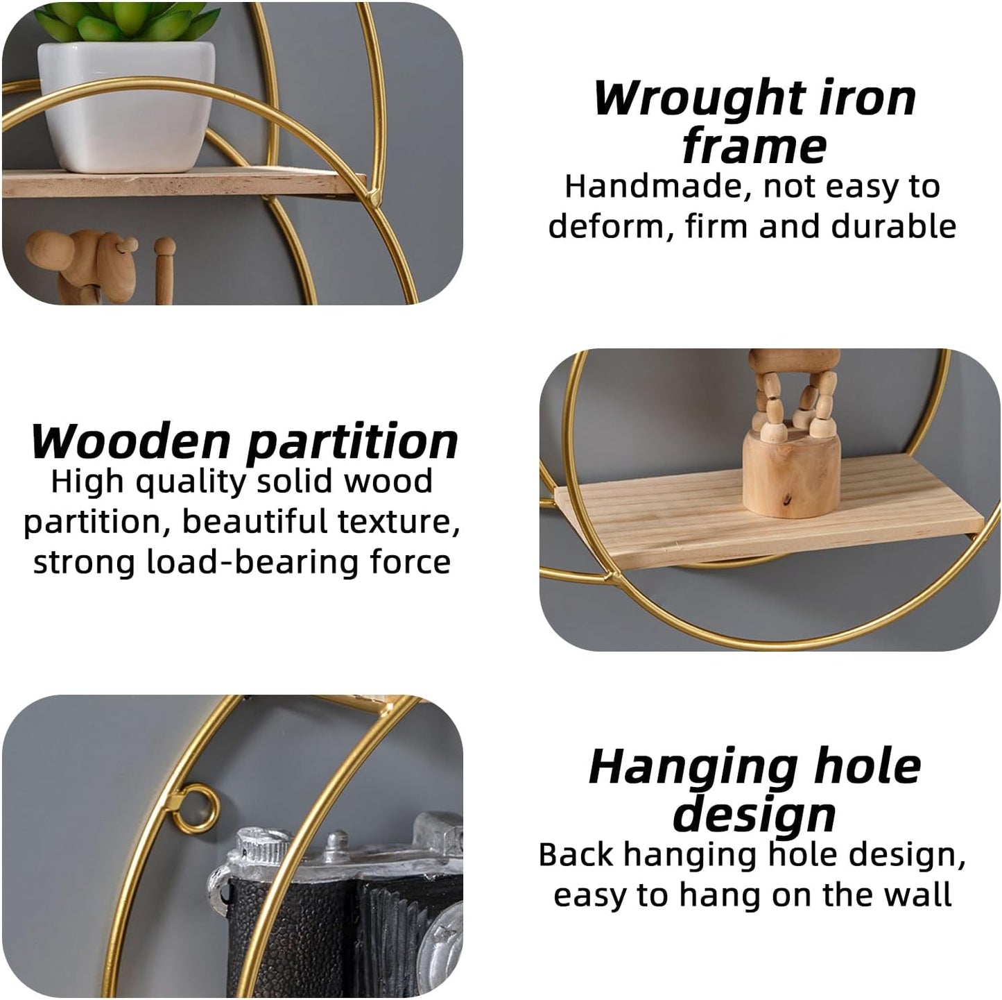 Metal 3 Tier Wall Hanging Shelf – Double Circle Decorative Wall Mounted Storage Rack, Space Saving Organizer for Bathroom Essentials