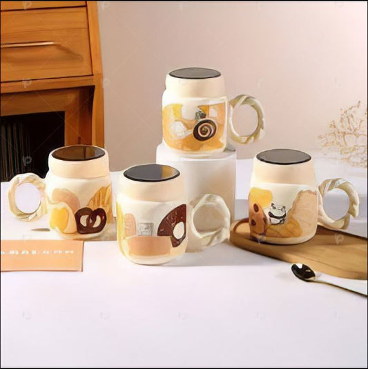Cartoon Bread Animal Ceramic Cup with Mirror Lid | Cute Coffee Mug with Lid | Milk & Breakfast Mug | Creative Ceramic Coffee Cup for Restaurants & Cafes