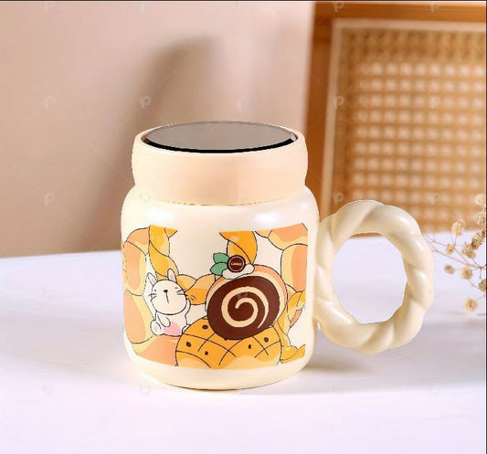 Cartoon Bread Animal Ceramic Cup with Mirror Lid | Cute Coffee Mug with Lid | Milk & Breakfast Mug | Creative Ceramic Coffee Cup for Restaurants & Cafes