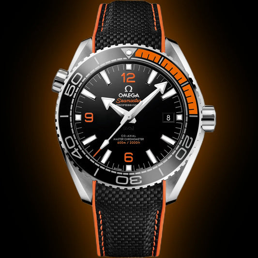 Ocean 600M Style Co-Axial Master Chronometer Watch – Black Dial, Orange Ceramic Bezel, Black & Orange Strap, Luxury Diver Men’s Watch